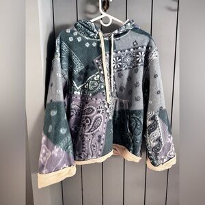 BDG Patchwork Hooded Sweater in Green and Gray